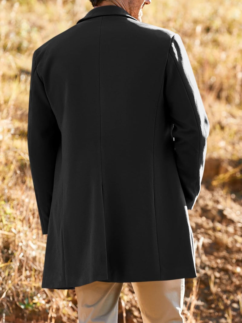 PASLTER Mens Trench Coat Slim Fit Notched Collar Fall Winter Single Breasted Pea Coat Warm Soft Overcoat - Image 3